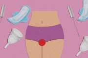 Photo illustration of a lower body with a red circle in the middle with period pads, tampons and cups around it.