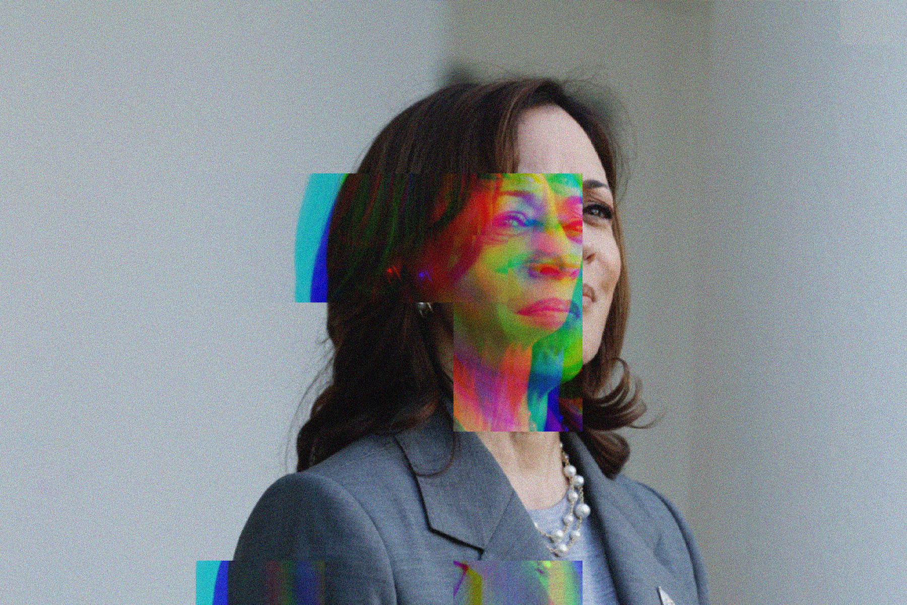 Image of Kamala Harris smiling, digitally altered with glitch effects that distort her features and add streaks of colorful static across the image.