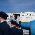 Vice President Kamala Harris disembarks Air Force Two in February 2024.