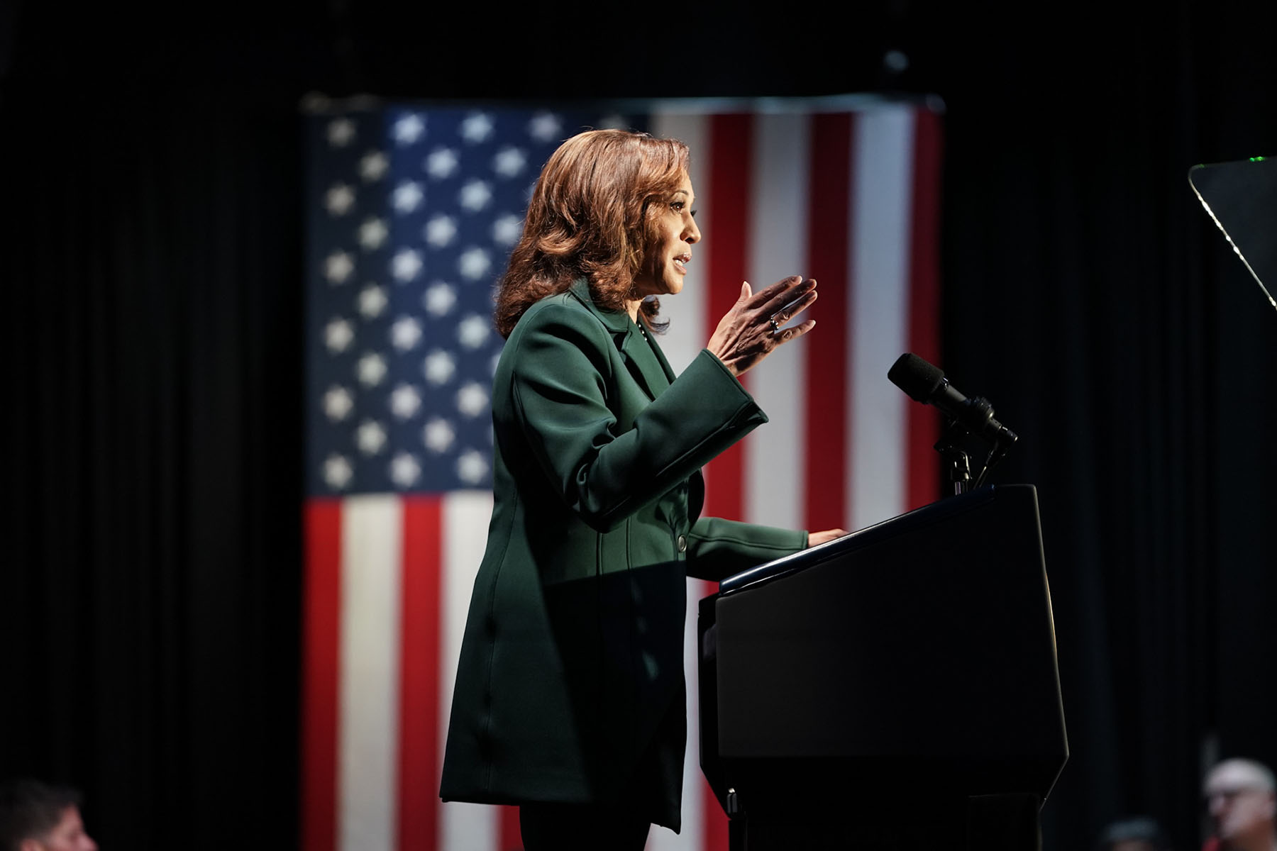 Vice President Kamala Harris delivers remarks at an event. An American flag is seen in the background.