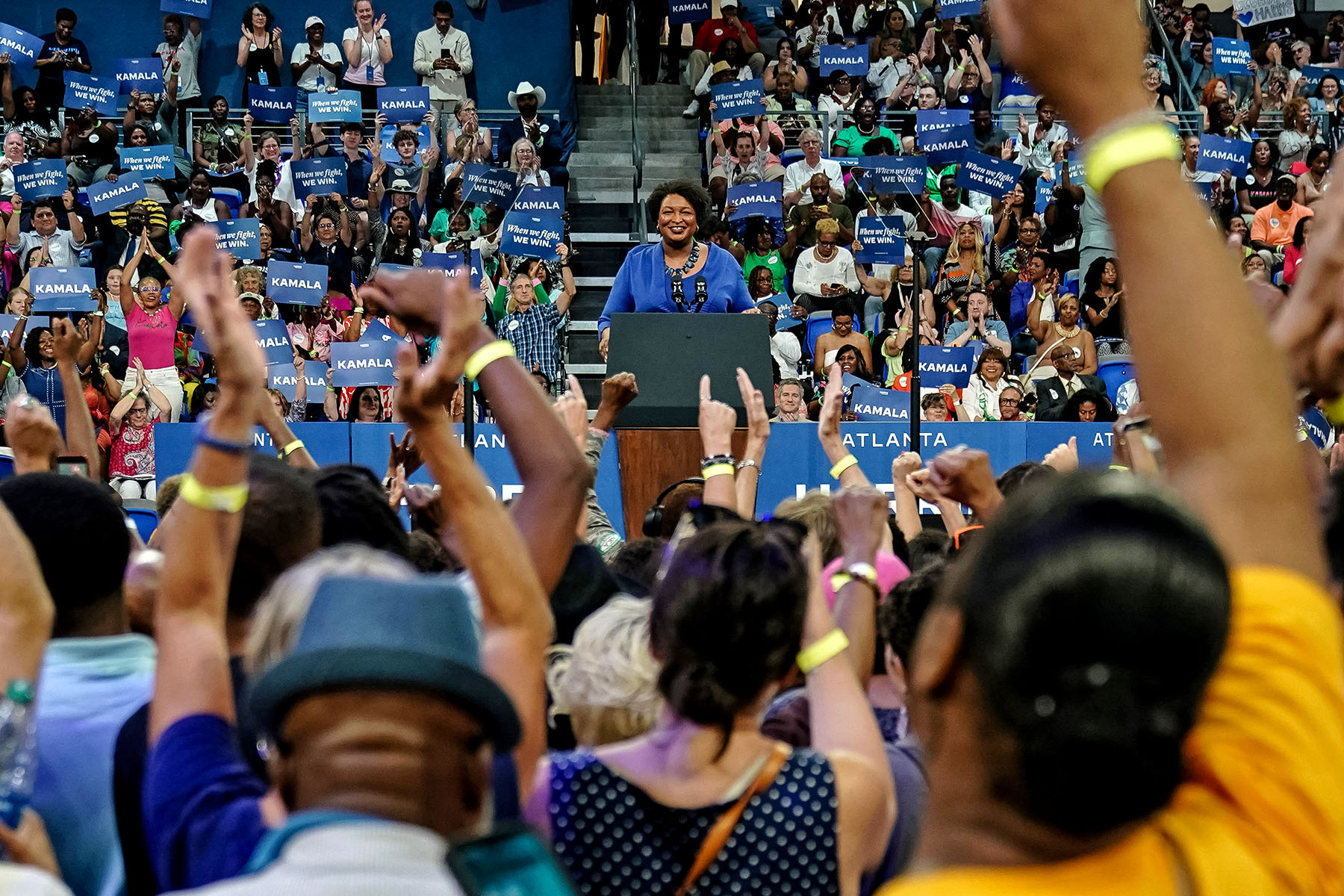 Stacey Abrams speaks during a campaign rally for US Vice President and 2024 Democratic presidential candidate Kamala Harris.