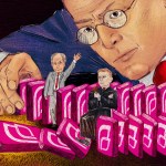 Illustration of Leonard Leo carefully positioning pink dominoes, each featuring the Planned Parenthood logo, to create a domino effect. Texas Attorney General Ken Paxton and Judge Matthew Kacsmaryk are depicted as characters within the domino set.