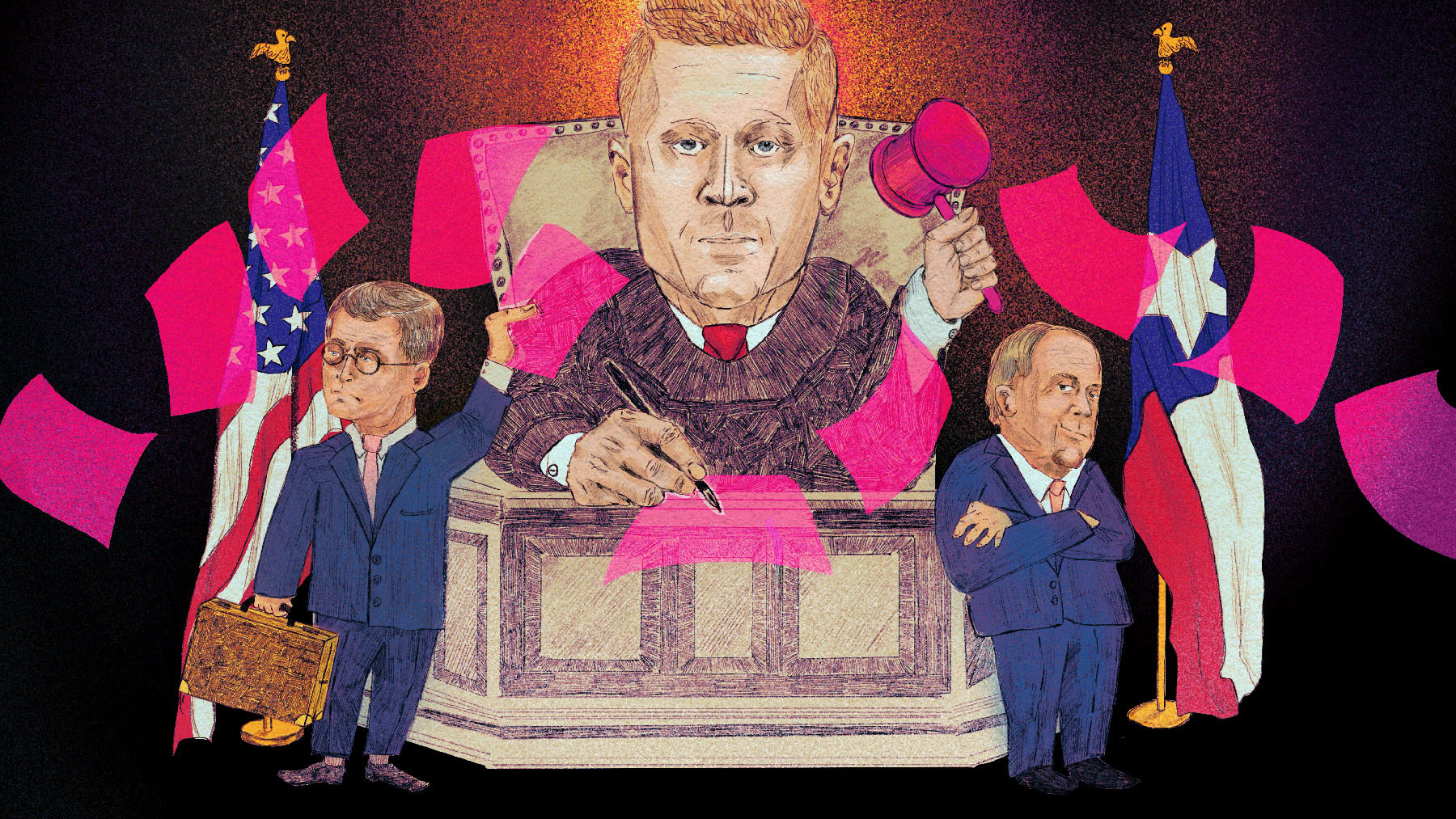 Illustration where Judge Matthew Kacsmaryk is depicted sitting in court with Leonard Leo and Ken Paxton by his side, while pink papers fly around them.