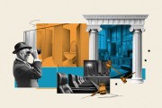 Collage-style illustration on which on one side, a man in a suit and hat uses binoculars to peer into a row of bathroom stalls. The other side features the interior of a courtroom with columns and gavels are scattered throughout.