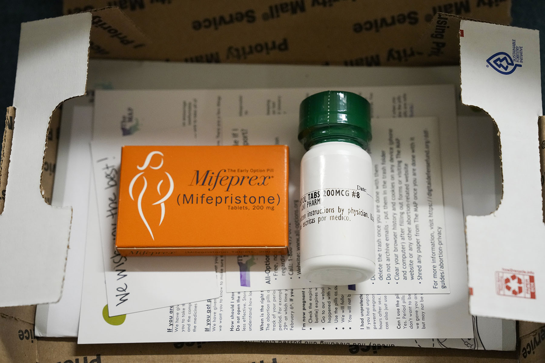 Abortion medications are seen in ready to ship boxes.