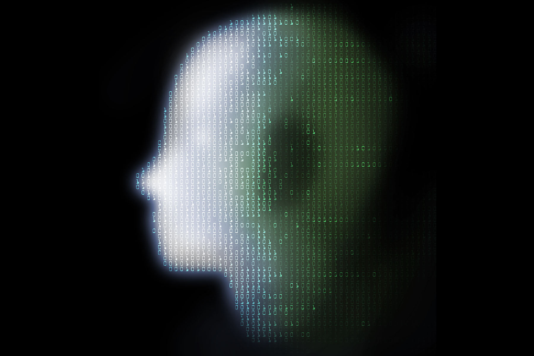 Conceptual illustration of a human head overlaid with binary digits.