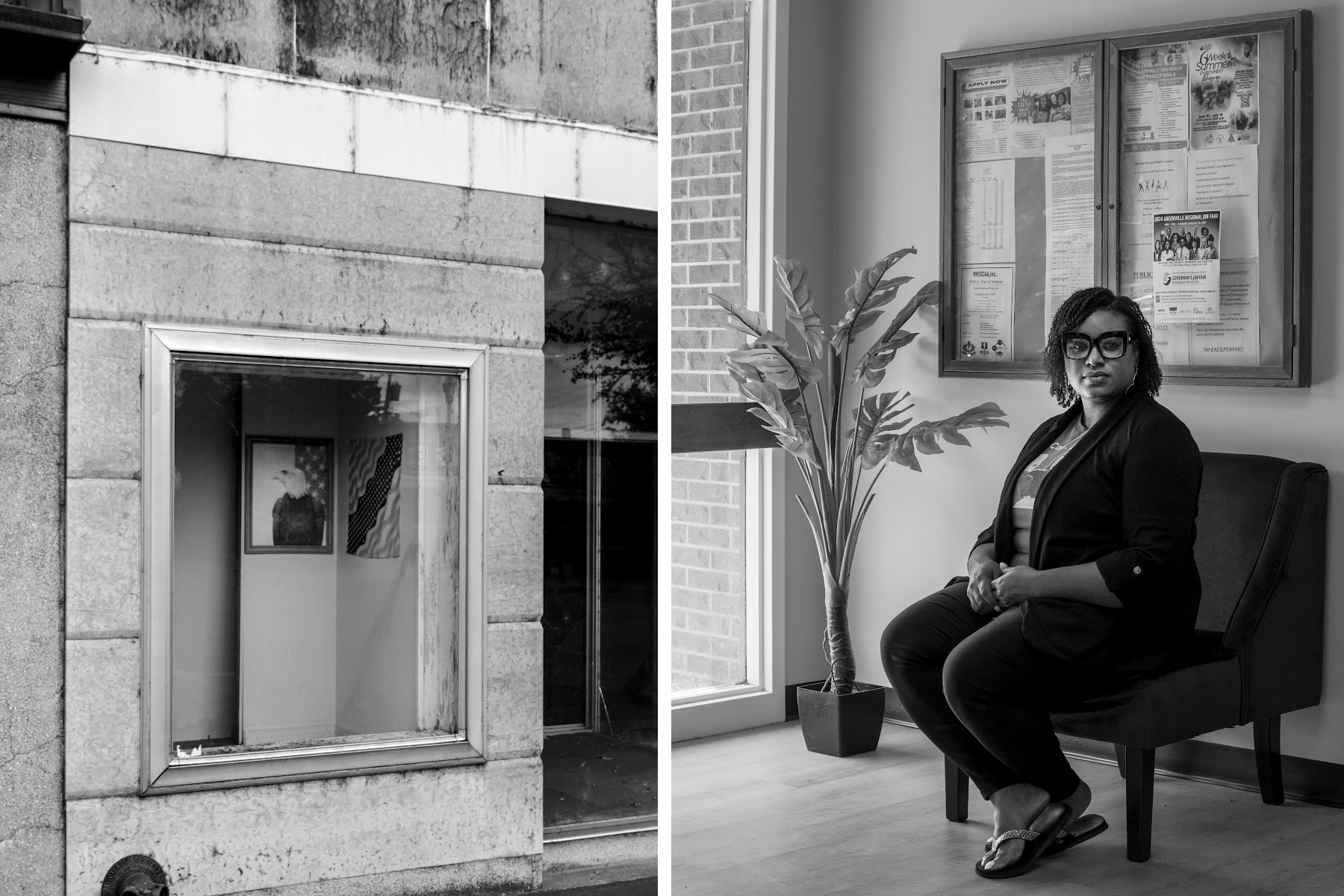 A black-and-white split image. On the left side is a photograph of a weathered building with a display window showing framed images of a bald eagle and an American flag. The right side shows a woman sitting on a chair inside a modern building, in front of a window and a bulletin board with notices. She is wearing glasses, a blazer, and sandals, and is looking directly at the camera.