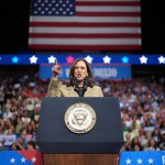 Democratic presidential candidate, U.S. Vice President Kamala Harris speaks at a campaign rally.