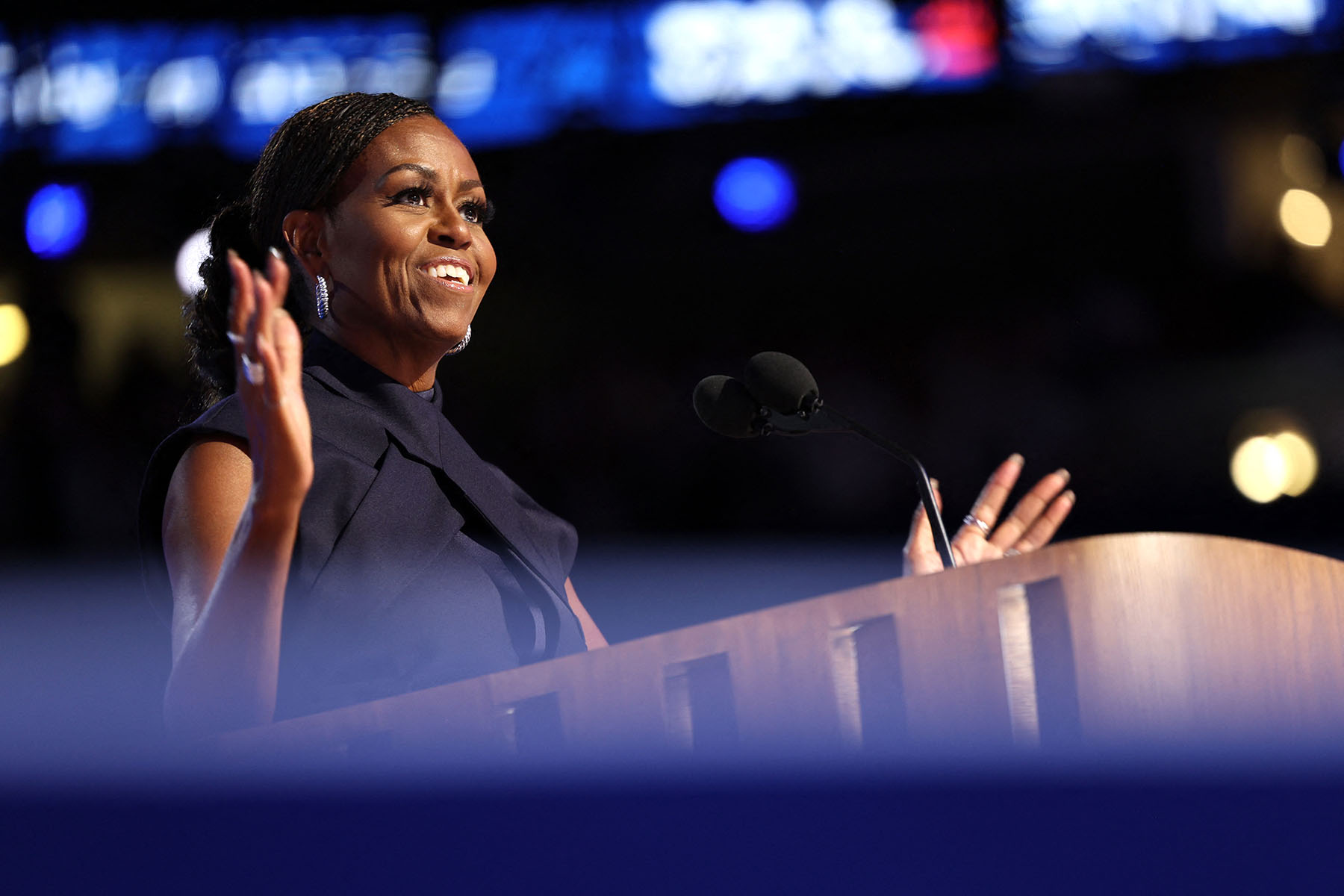 Former First Lady Michelle Obama speaks on the second day of the DNC in Chicago, Illinois.