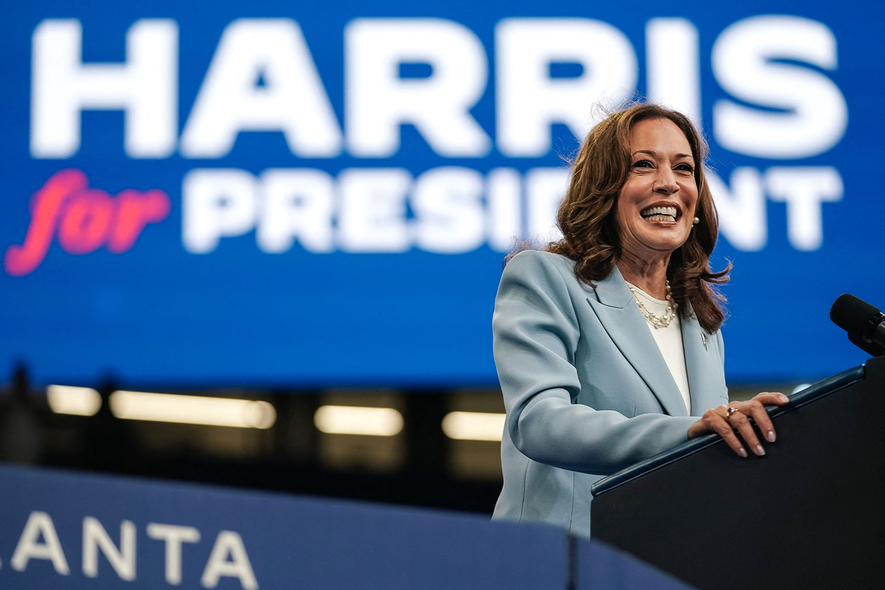 Vice President Kamala Harris speaks at a campaign rally in Atlanta.