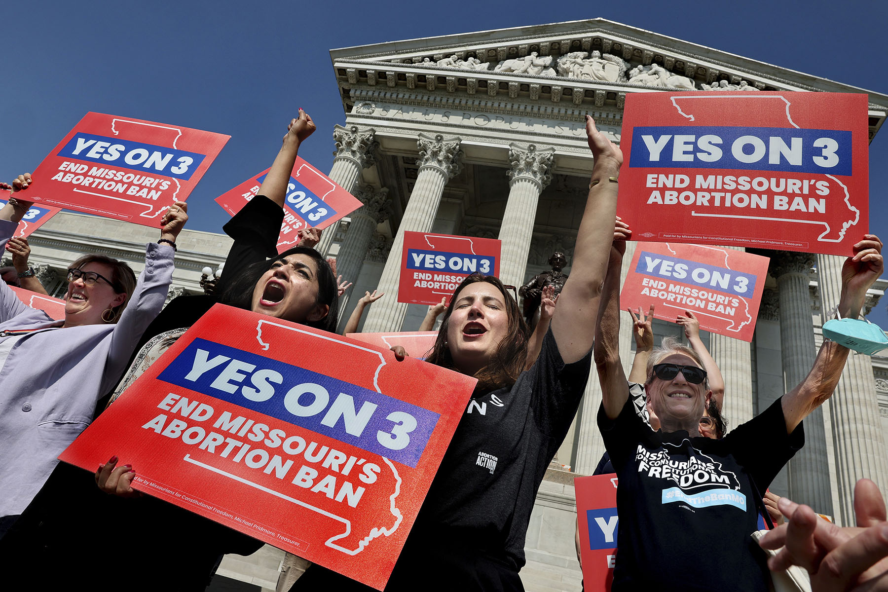 Amendment 3 supporters celebrate after the Missouri Supreme Court in Jefferson City, Missouri ruled that the amendment to protect abortion rights would stay on the November ballot.