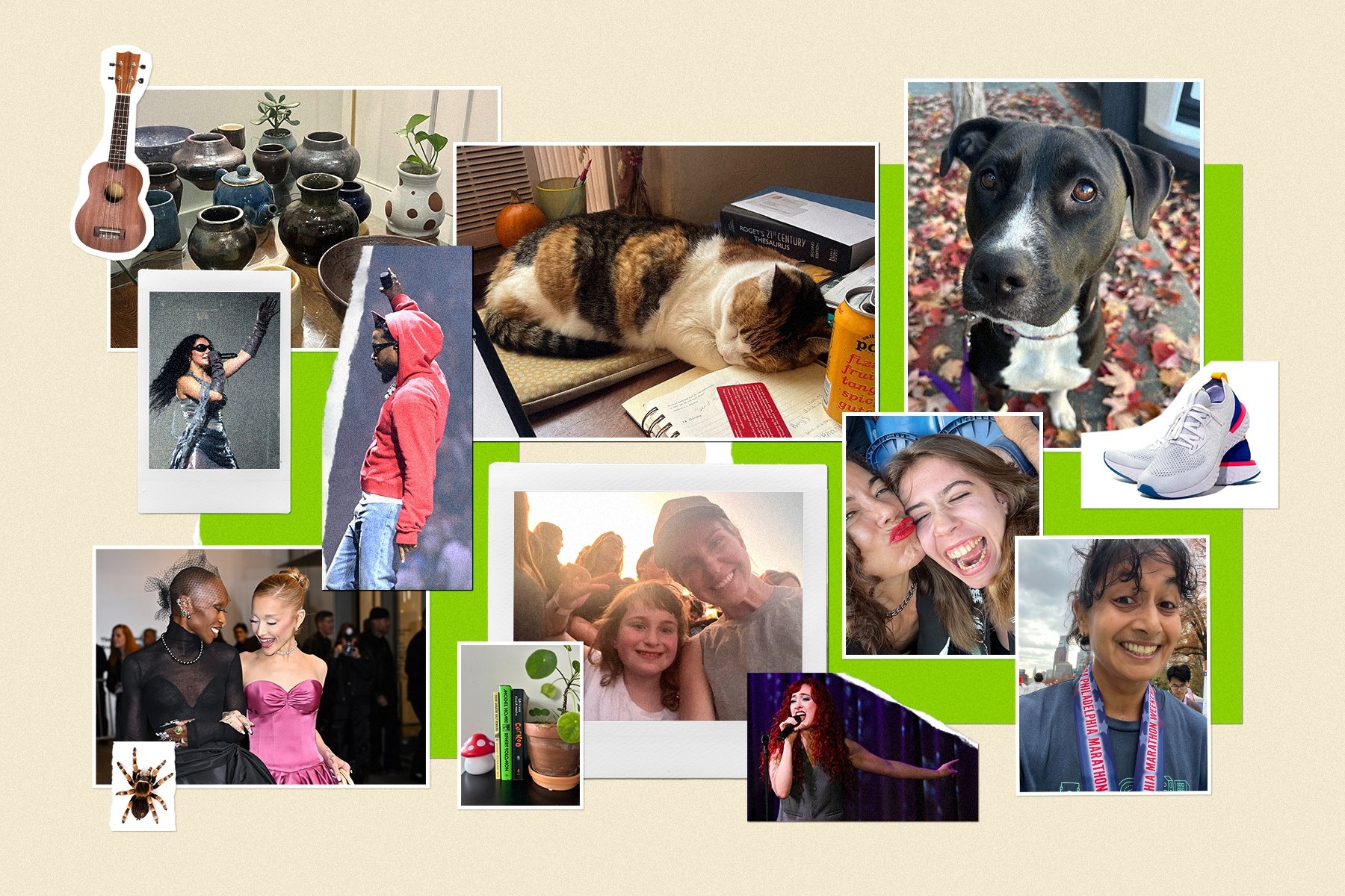 A collage of different items and people, including a dog, running shoes, a guitar and pottery.