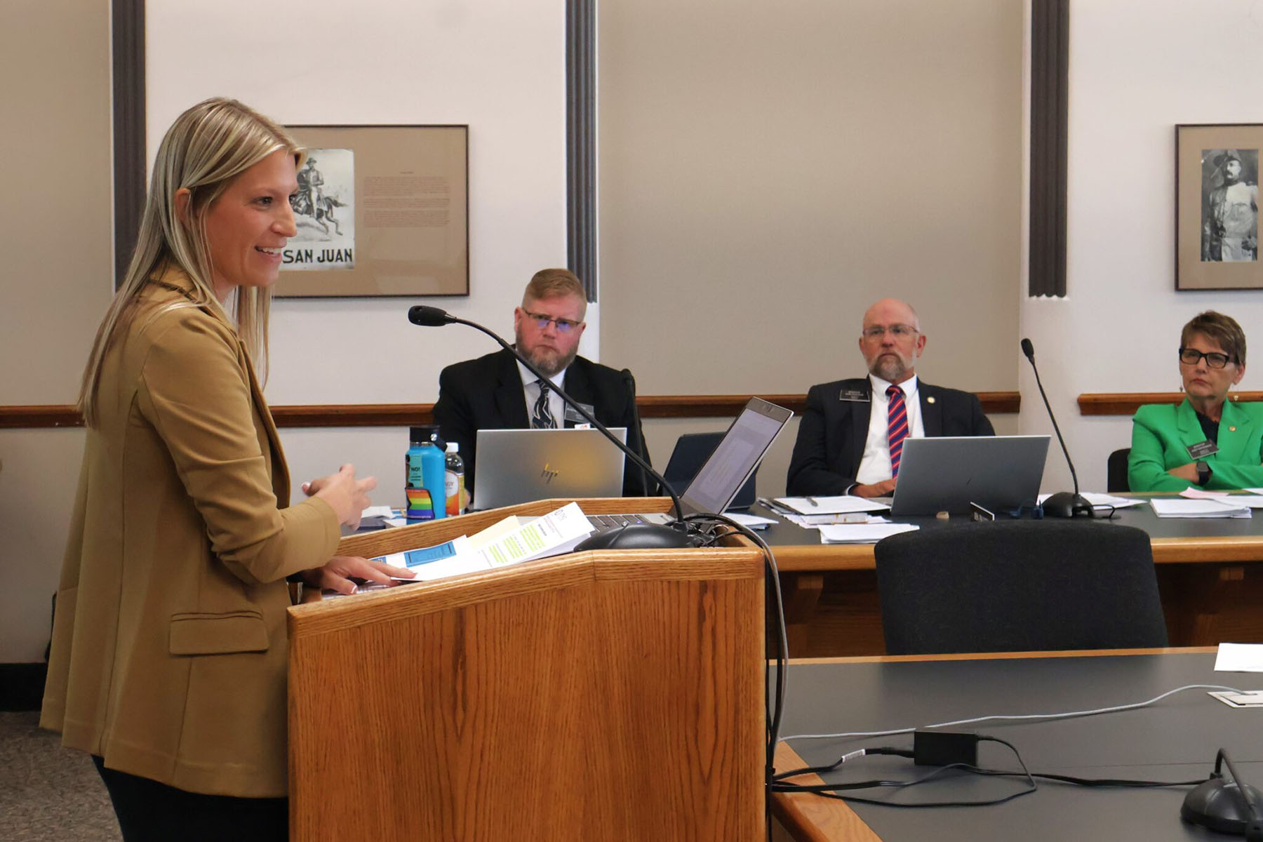 Rebecca Binstock, executive director of the North Dakota Ethics Commission, speaks during a meeting of the Legislature’s interim Judiciary Committee.