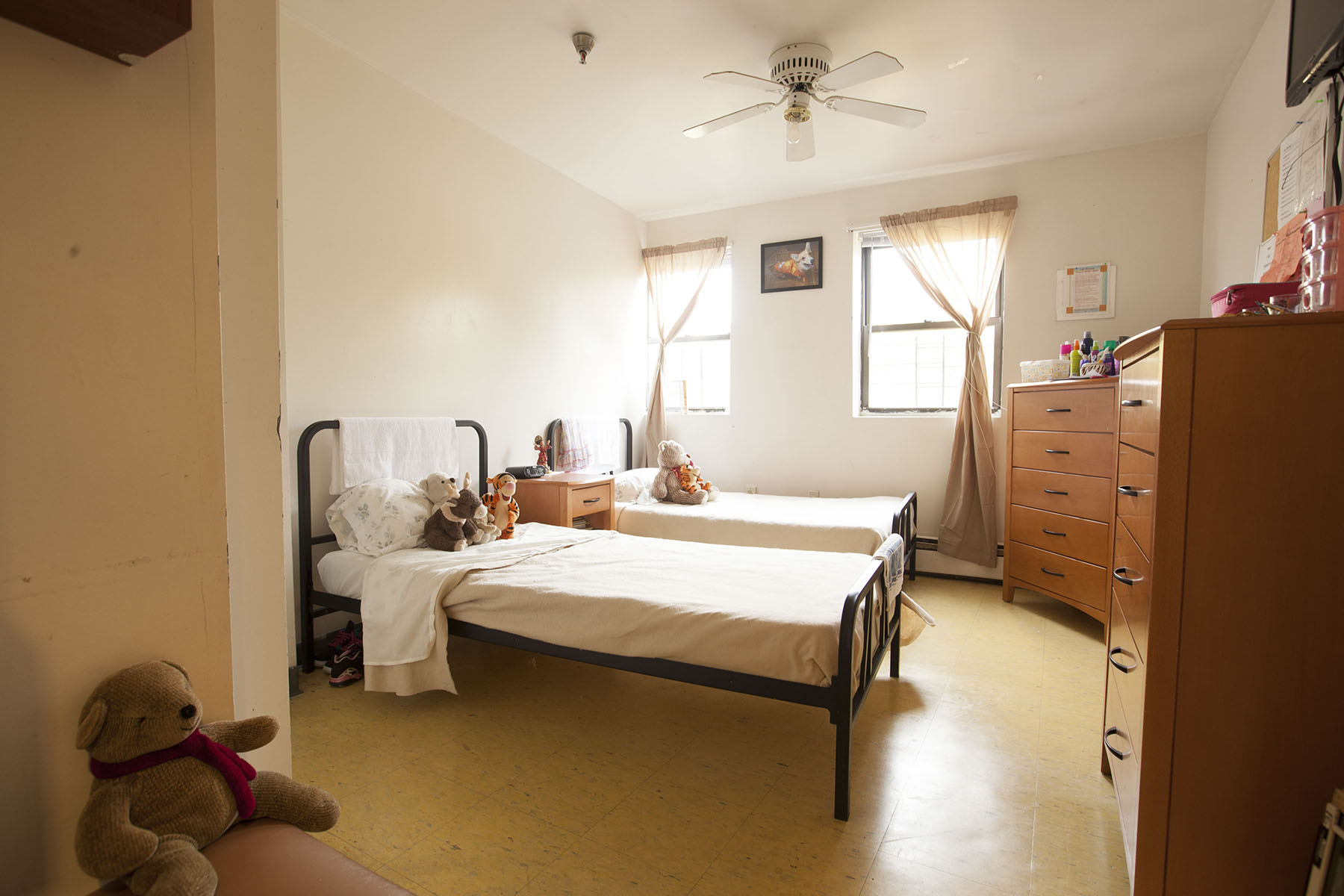 A room is seen in a temporary domestic violence shelter.