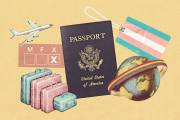 Illustration of a passport, luggage, airplanes, world globe and transgender pride flag.