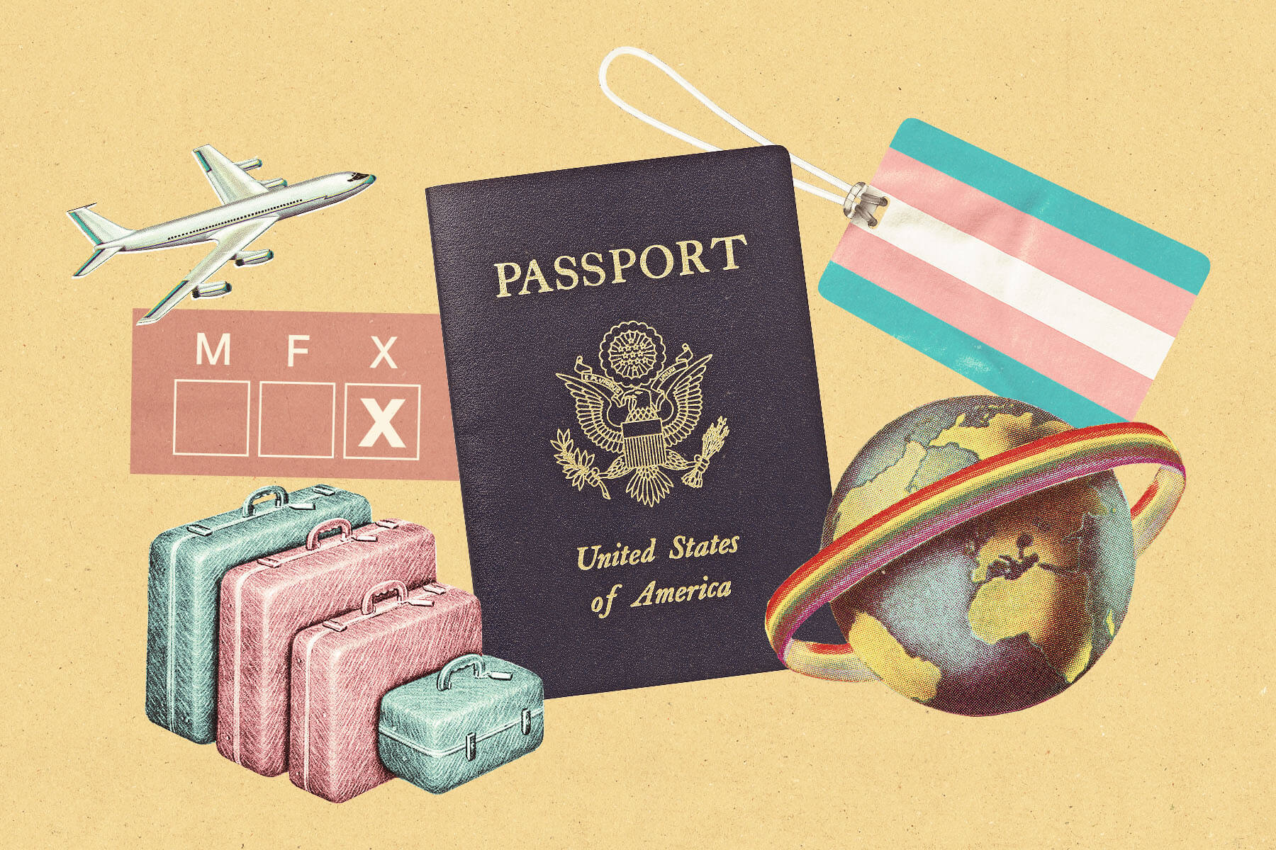 Illustration of a passport, luggage, airplanes, world globe and transgender pride flag.