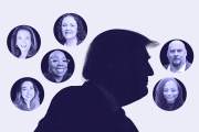 Photocollage featuring a silhouette of Donald Trump in the middle and headshots in circles around the silhouette.