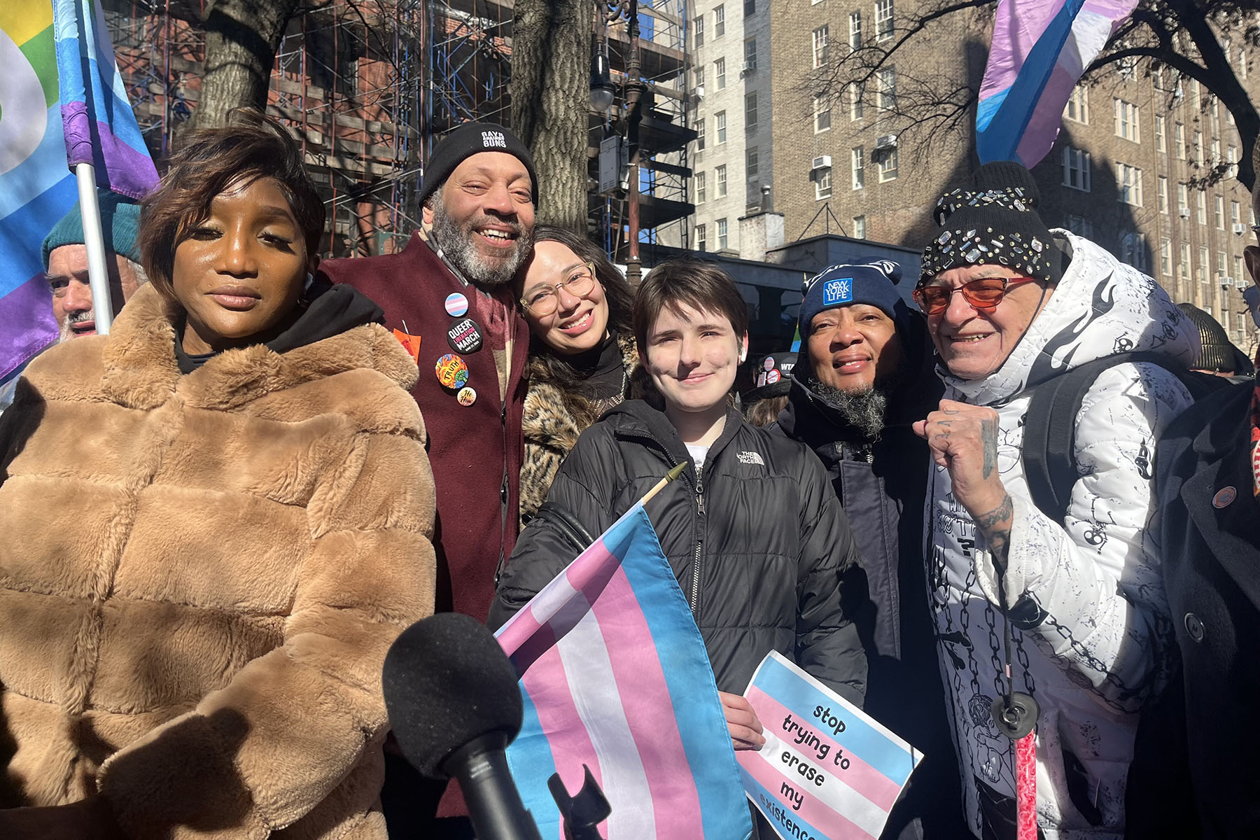 Renee Imperato (far right) poses with other demonstrators during a protest outside the Stonewall Inn.