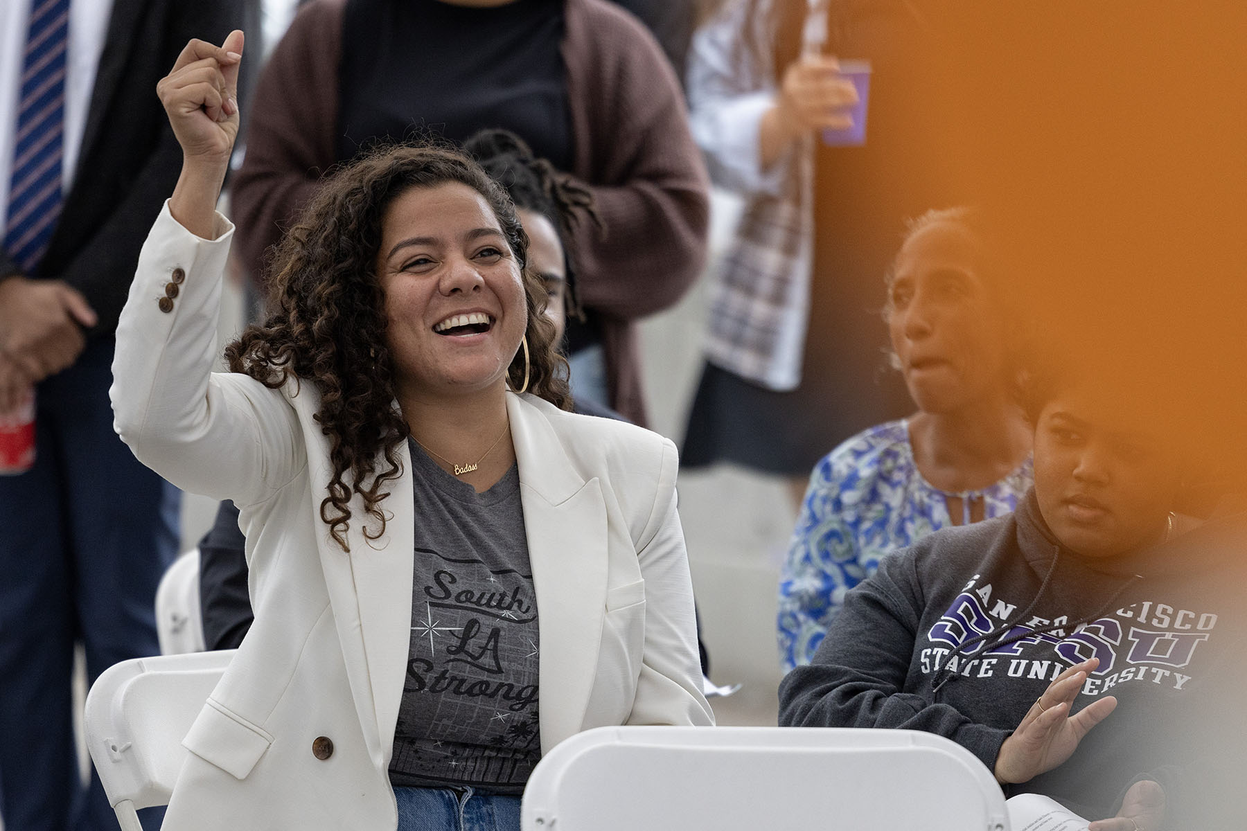 Sade Elhawary cheers during her campaign kickoff for 2024 for California Assembly District 57.