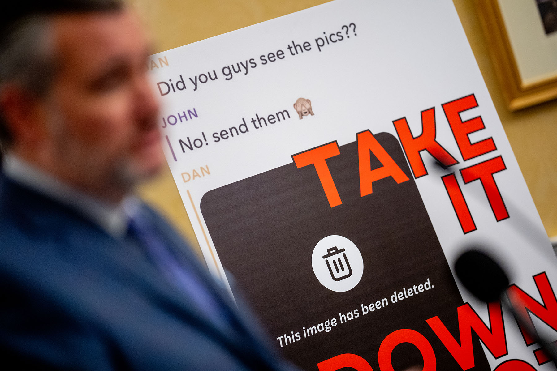 A poster is displayed next to Sen. Ted Cruz as he speaks at a news conference to unveil the Take It Down Act to protect victims against non-consensual intimate image abuse.