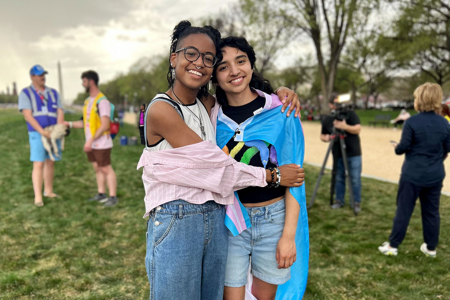 Two people embrace during the Trans Day Of Visibility rally on the National Mall.