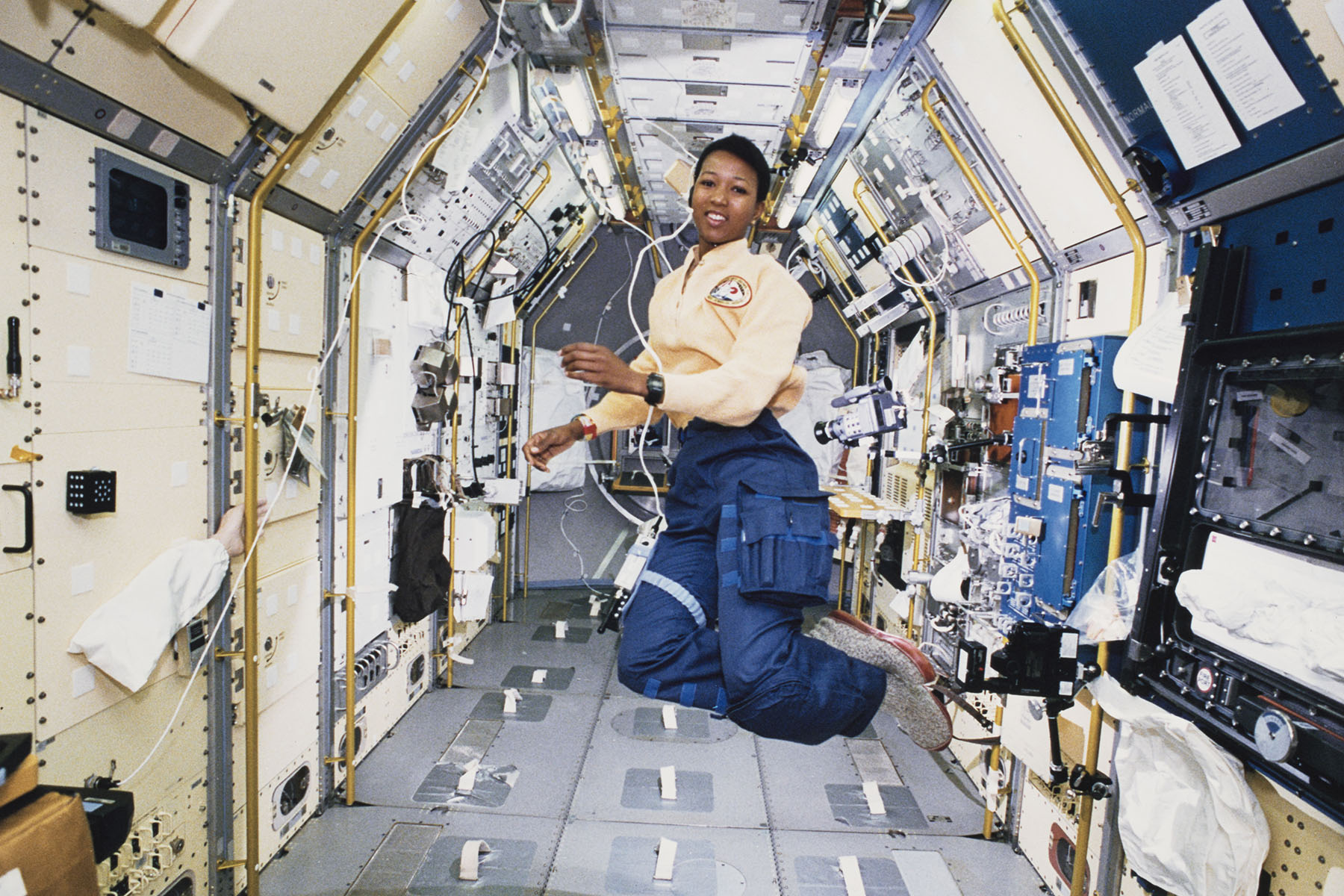 Mae Jemison works in zero gravity during NASA's STS-47 mission in September 1992.