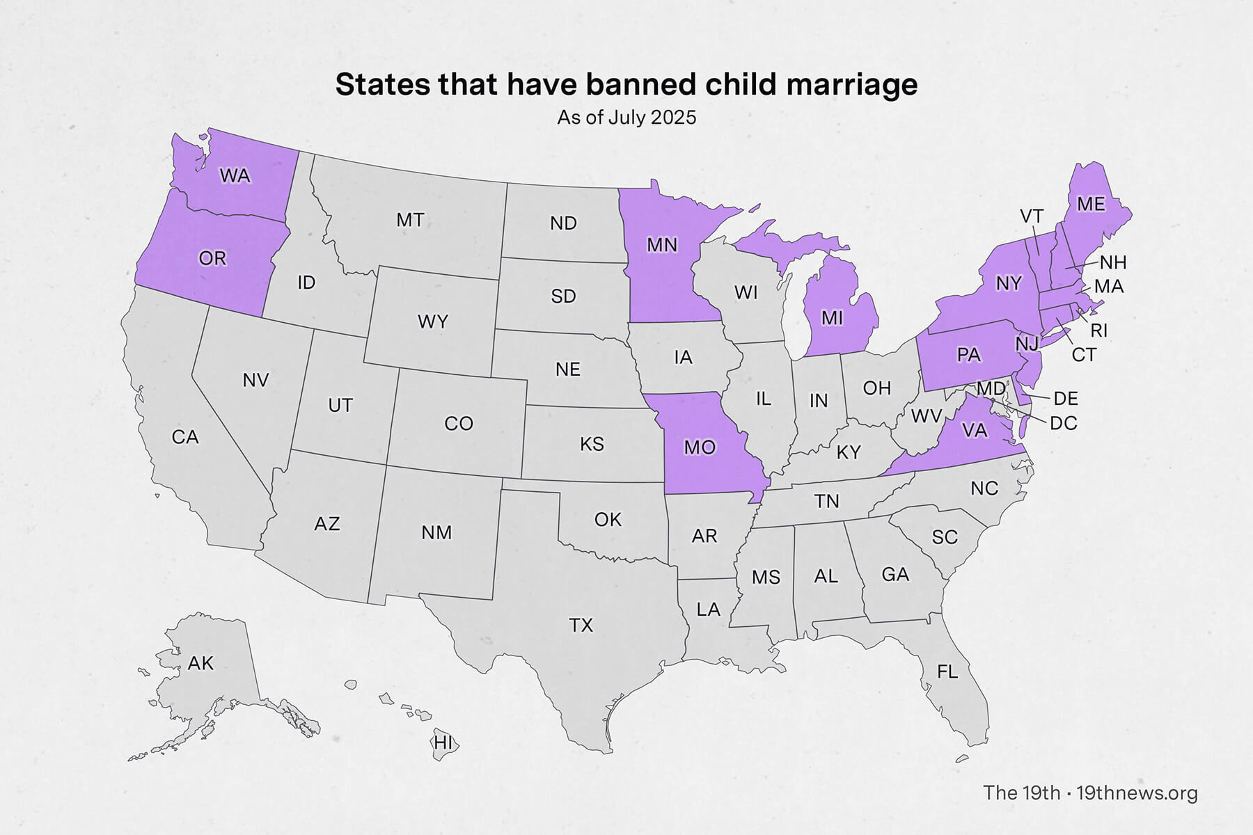 An illustrative map depicting the states that have banned child marriage in the U.S.