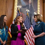 House Speaker Nancy Pelosi (right) holds a swearing-in ceremony for Rep. Melanie Stansbury, (center) at the Capitol.