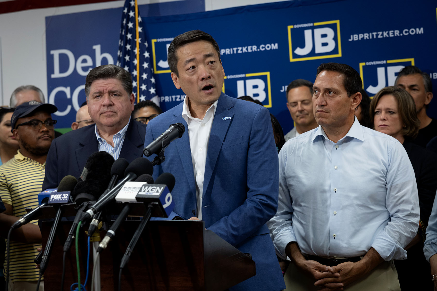 Texas House Democratic Caucus Chair Gene Wu speaks to reporters during a press conference with Texas Rep. Trey Martinez Fischer and Illinois Governor JB Pritzker.