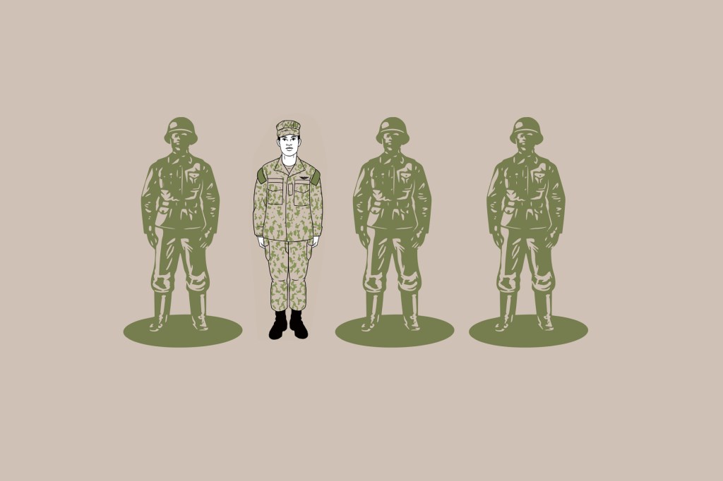 An illustration of a person in a military uniform stands in a line of toy soldiers.